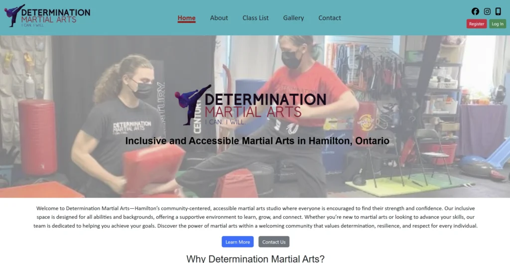 A screenshot for a website for Determination Martial Arts, an independent martial arts studio in Hamilton Ontario. Website made by Hammer and Pixel - Small Business Digital Marketing.