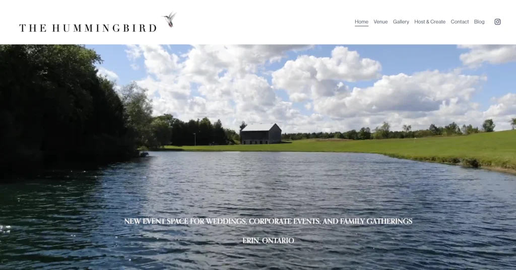 A screenshot of the home page for The Hummingbir Barn Venue in Erin, Ontario. Website made by Hammer and Pixel - Small Business Digital Marketing.