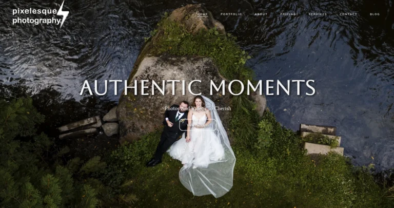 A screenshot of the homepage of Pixelesque Photography, an Ontario based wedding and family photographer. Website made by Hammer and Pixel - Small Business Digital Marketing.