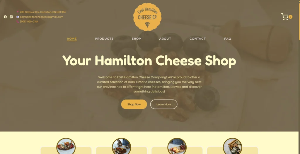 A screenshot of East Hamilton Cheese Company. A Hamilton based independent cheese shop. Website by Hammer and Pixel - Small Business Digital Marketing.
