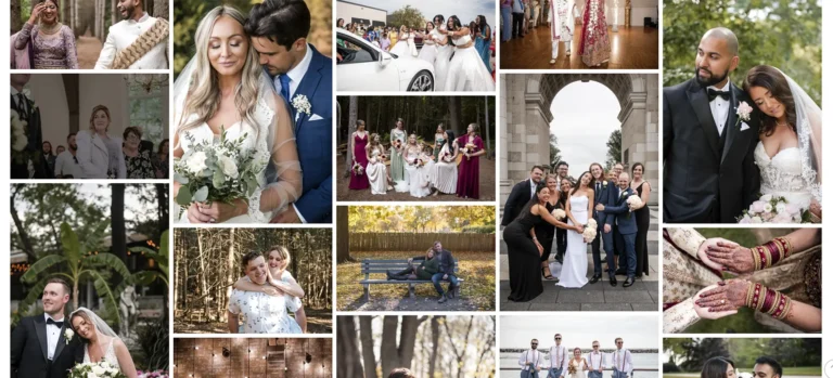 a masonry grid of wedding and engagement photography from pixelesque photography. Photography & Website by Hammer and Pixel - Small Business Digital Marketing.