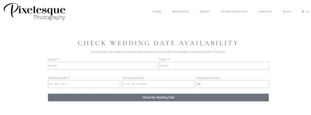 a stripped down contact form on a wedding photographer's site